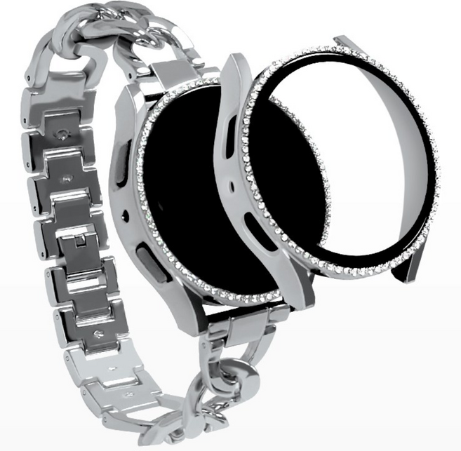 티엑스엘엑스 갤럭시워치 체인 메탈 스트랩 + 큐빅 풀커버 케이스 세트, 실버