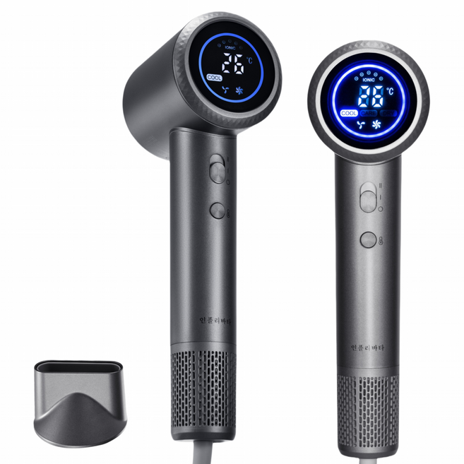 인플리바타 초고속 저소음 헤어 드라이기 디지털 디스플레이 BLDC드라이기1600W+자기흡입노즐, 그레이