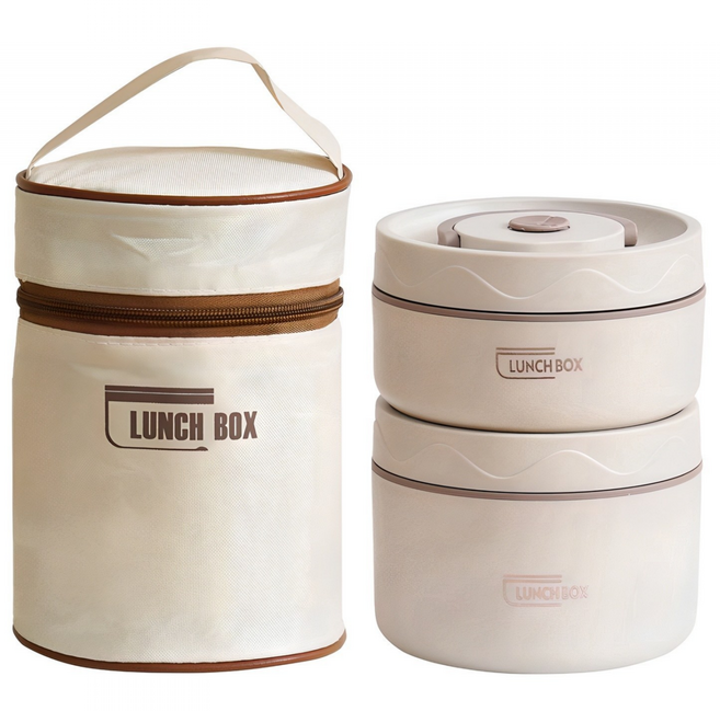 Thund Leod 304 스테인리스 원형 보온도시락 단 전자레인지 사용 가능 보온가방 세트 직장인 휴대용 런치박스, 1개, 베이지 2단
