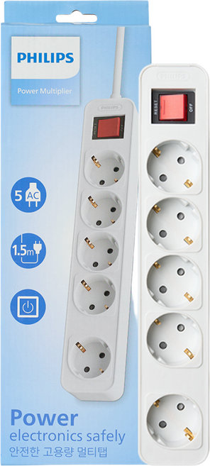 필립스 고용량멀티탭 4000W 워크탭 과부하차단, 1.5m, 올화이트 5구, 1개, 올화이트 5구 CHP2154W