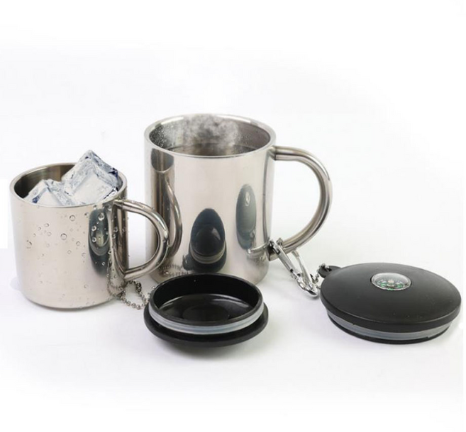 고급 이중 등산컵 캠핑컵 머그컵 보온 보냉 휴대용 컵 낚시 나침반 스테인레스 이중컵, 1개, 은색-110ml