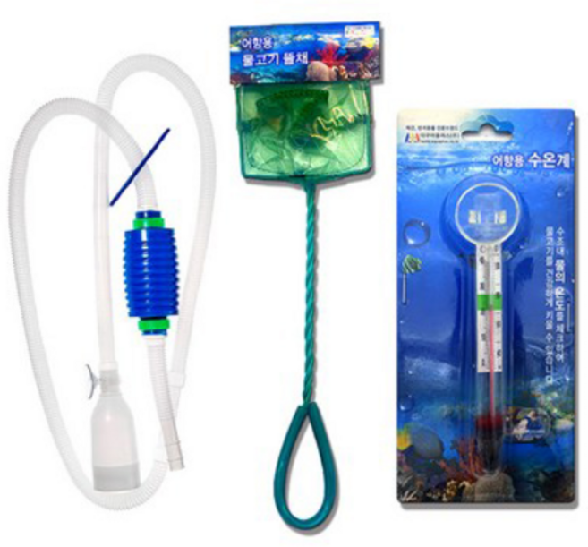 아쿠아플러스 수족관 용품 사이펀 + 뜰채S + 수온계 세트, 1세트
