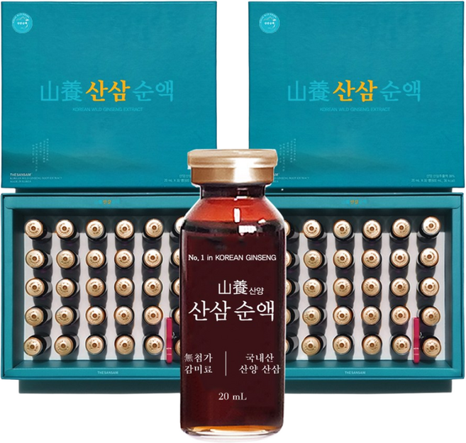 산삼순액 2박스(60병) 진세노사이드 Rb2 Re Rg3 의 합 14.0 mg (1병당) 산양 산삼추출액 항상성 활력 활기 기력[원산지: 국산(강원도)], 1세트, 1.2L