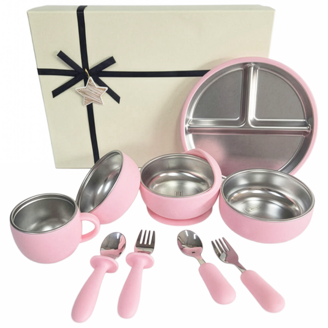 루미베베 아기식판 자기주도 이유식 식판 흡착볼 실리콘 스테인리스 세트, 1세트, 10종, 핑크