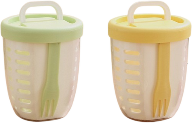 휴대용 간편 한끼 과일 야채컵 포크 포함 1+1 샐러드 도시락 통 다이어트 런치팟, 2개, 후르츠팟 노랑+그린