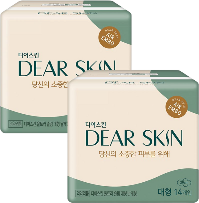깨끗한나라 더마생리대 디어스킨 에어엠보 대형 14P, 2개, 14개입