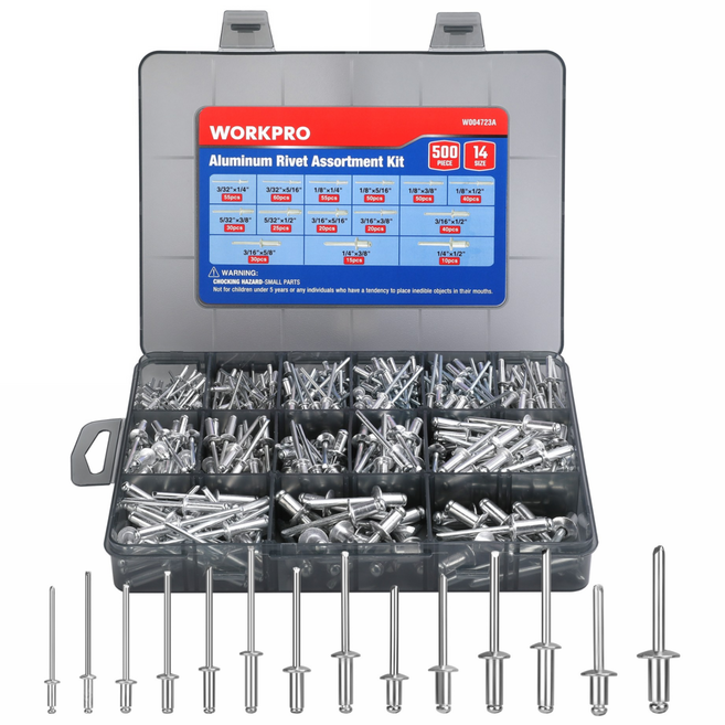 WORKPRO 내구성 미세 리벳못 리벳트 부품 수납 500pc, 1세트