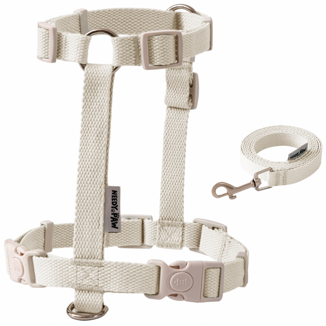 니디포 앞섬방지 H형 강아지 하네스 세트 면소재 하네스+리드줄, 밀크 베이지 Beige, 1개