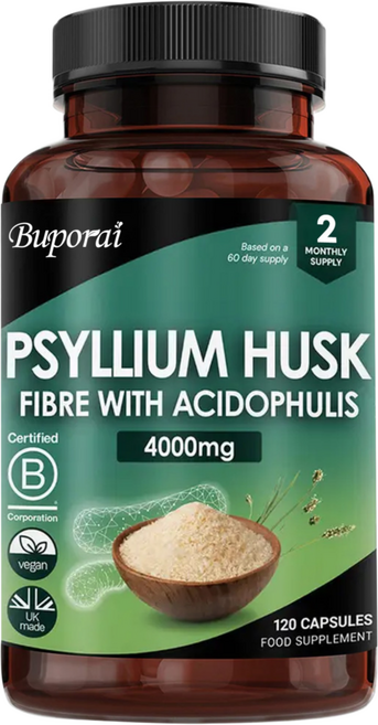 고강도 4000mg 사이리엄 껍질 섬유 보충제 - 아시도필러스 함유 - 플랜타고 오바타 씨앗에서 추출한 천연 수용성 섬유 보충제 사이리엄 껍질 캡슐 120개 비건, 1개, 60정