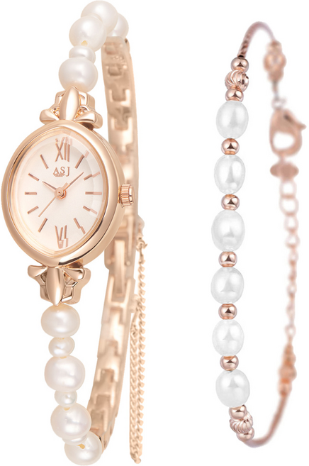 AKIPANDA 진주팔찌 여성 로즈골드 진주 방수 손목시계
