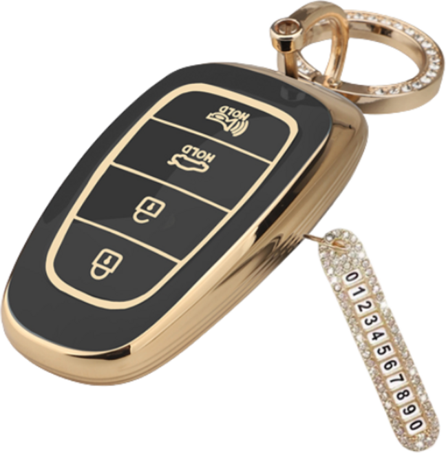 키에티 현대 호환 더뉴그랜저 쏘나타DN8 4버튼 TPU 엣지 키케이스 + 큐빅번호판, 골드_블랙