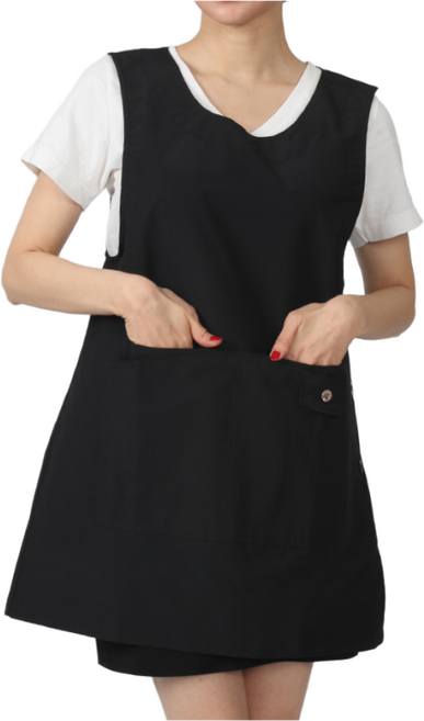 주머니가 있는 얇고 가벼운 앞치마 원피스형 가운 유니폼, 블랙, 1개