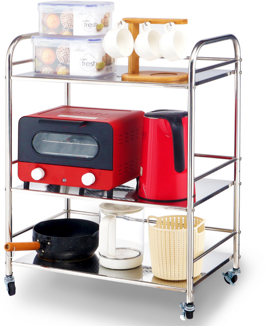 스테인리스 이동식 트롤리 거실 주방 다용도 수납선반 조용은 바퀴 조절가능 욕실 카트, 3단, 실버