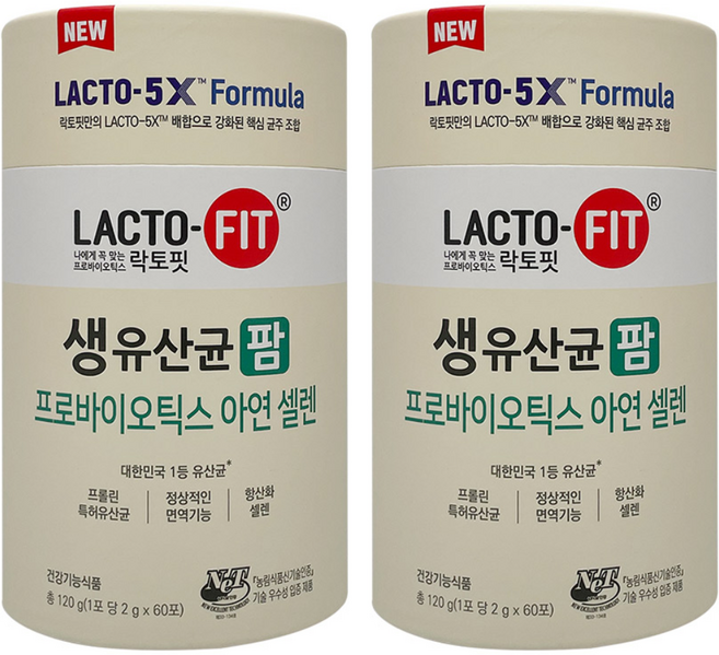 장유산균 장건강 종근당 락토핏 생유산균 팜 2g x 60포 프로바이오틱스 아연 셀렌, 120g, 2개
