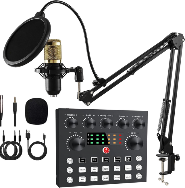 Mochae 사운드 카드 오디오 인터페이스 스트리밍용 방송용 믹서 음향믹서 마이크 세트 스튜디오 믹서 노래 마이크 음성 라이브 방송, V8S+BM800골드 1개 마이크