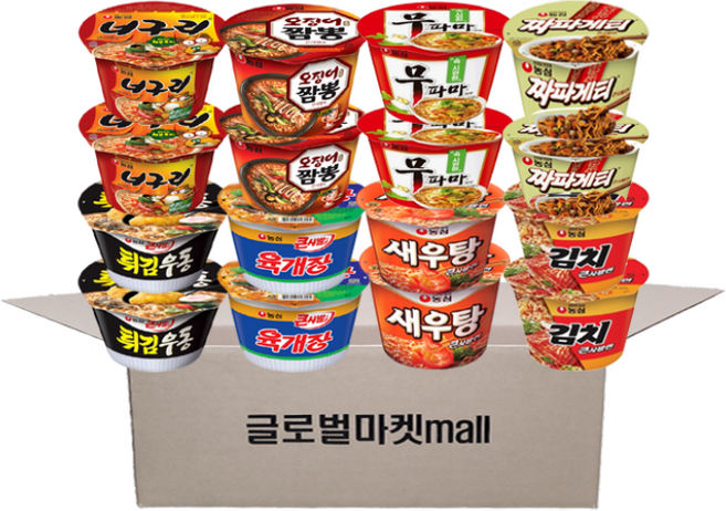 글로벌마켓 농심 사발면 큰컵 8종 모음(김치2+새우2+육개장2+튀김2+오짬2+너구리2+무파2+짜파2), 1박스