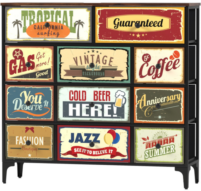 빈티지 스타일 패브릭 서랍장 와이드 2단 3단 4단 5단, 빈티지 와이드 4단