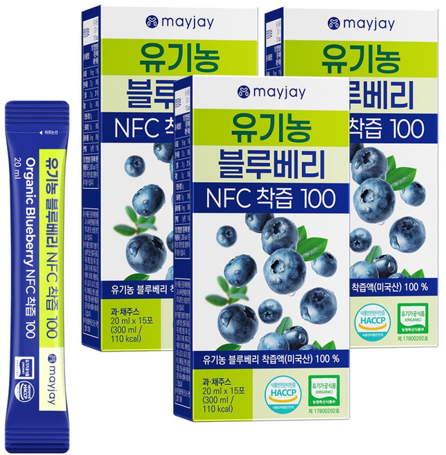 유기농 블루베리즙 100% 착즙 NFC 주스 스틱 메이제이, 3박스, 300ml