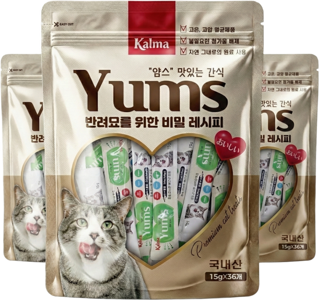 칼마 국내산 고양이 대용량 가성비 짜먹는 간식 얌스 황태 15g x 36개 / 108개