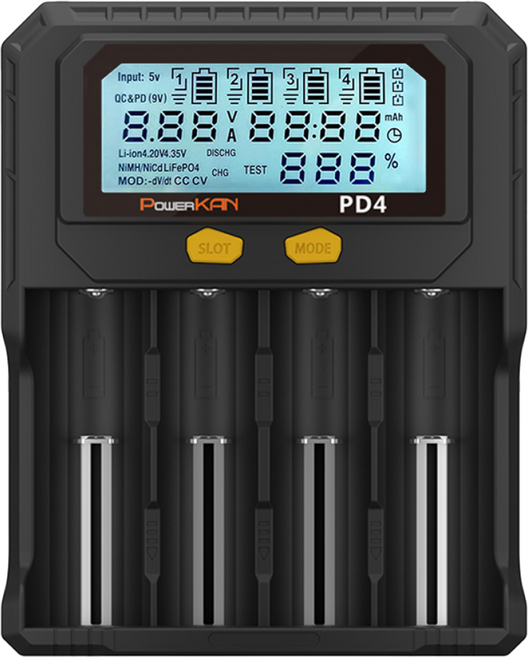 POWERKAN 스마트 만능 LCD 지능형 배터리 충전기 4구 리튬 니켈 PD4 건전지 배터리 고속충전 18650 AA AAA 21700 32650 용량확인 과충전방지 방전테스트, 1개