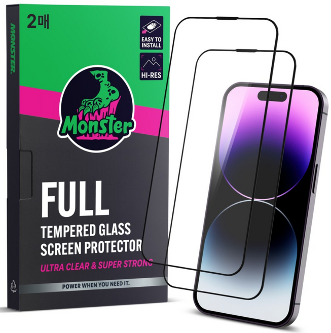 몬스터 고화질 슈퍼강력 투명 강화유리 휴대폰 액정보호필름 2p + 똥손탈출 부착틀, 1세트