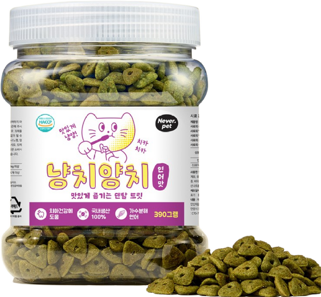 네버펫 냥치양치 고양이 구강관리 이빨과자 가수분해 대용량 덴탈트릿 간식, 1개, 390g, 연어맛