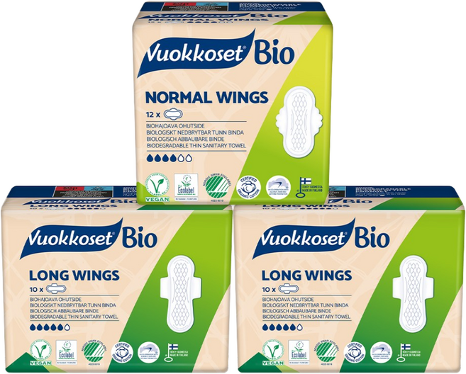 [비건라이프] 뷰코셋 바이오 생리대 롱 윙 중형 10p x 2팩+ 생리대 노말 윙 소형 12p, 1세트