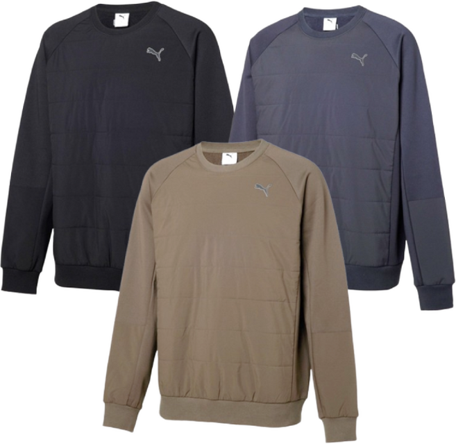 PUMA 푸마 남성 긴소매 기모 크루넥 티셔츠 하이브리드 바람막이 골프웨어 라운딩 아웃도어 활동복