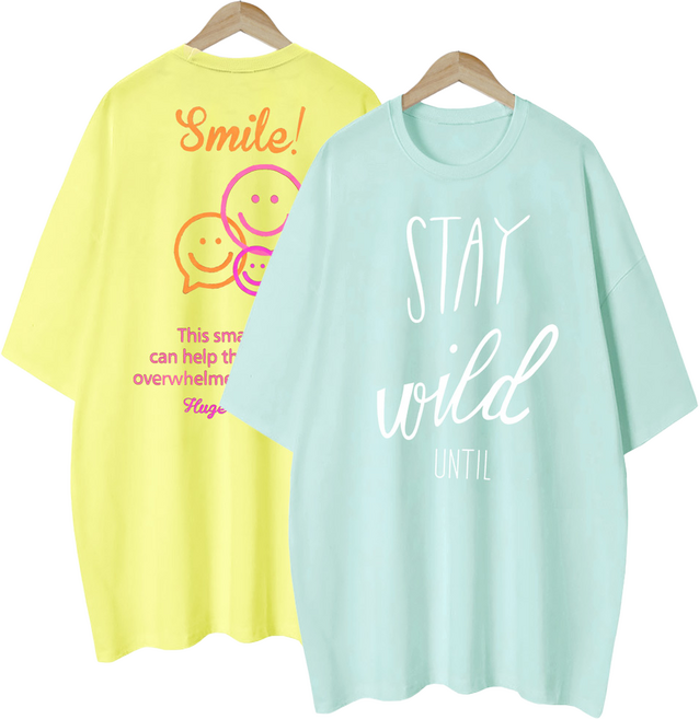 엠제이스타 1+1 여성 이모티콘 언틸 여름 반팔 루즈핏 롱 프린팅 티셔츠 2P