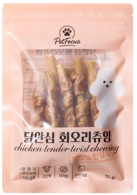 펫포커스 한우우피껌 오래먹는 강아지껌 국내산 수제간식, 1개, 70g, 닭안심회오리츄잉 - 쿠팡