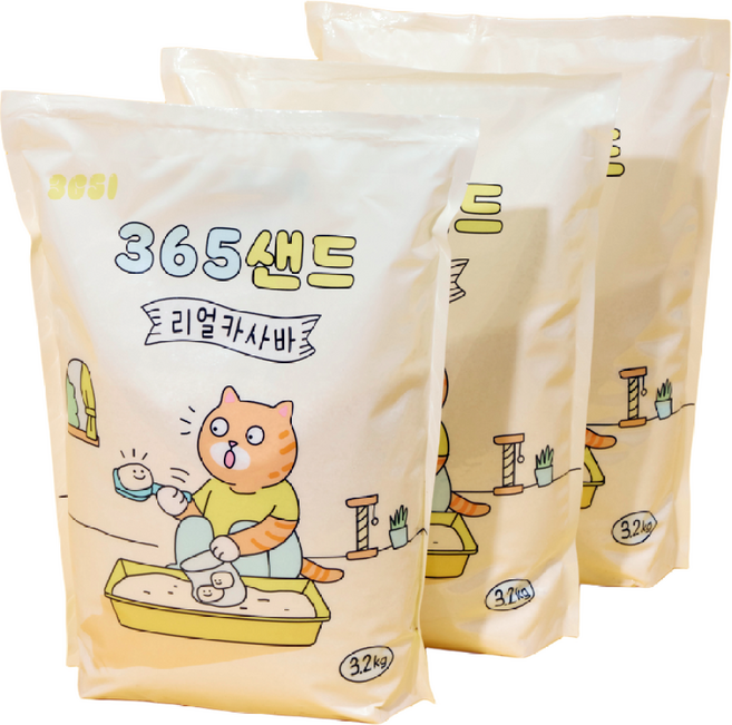 삼육오일 응고형 365샌드 리얼 카사바 고양이 모래, 3.2kg, 3개, 무향