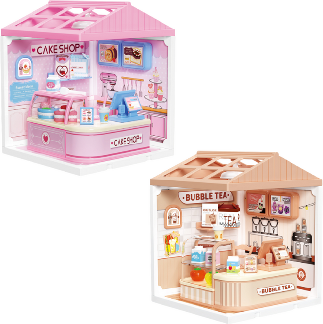 DIY 미니어쳐 하우스 세트 푸드코트 더블팩 케이크 버블티 귀엽고 작은 나만의 세상 만들기, 1세트, 스윗케이크+버블티
