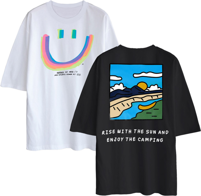 2장세트5부 오버핏 반팔티 리버캠핑+컬러스마일 남녀공용 반팔 티셔츠