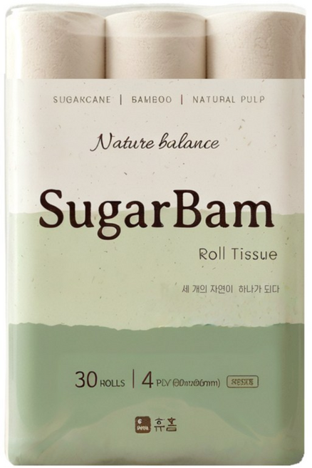 휴홈 무표백 사탕수수 대나무 4겹 슈가밤 화장지 30m 30롤 1팩, 1개