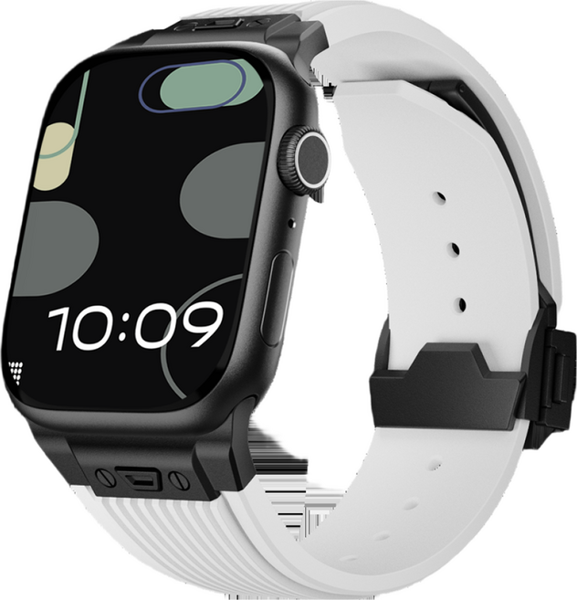 케이스어스 애플워치 호환 엘라스틱 실리콘 디버클 시계줄 스트랩, 블랙&화이트, 42/44/45/49mm