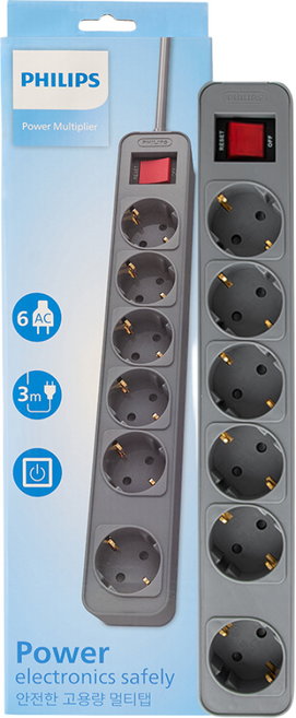 필립스 고용량멀티탭 4000W 워크탭 과부하차단, 1.5m, 올그레이 6구, 1개, 올그레이 6구 CHP2164G