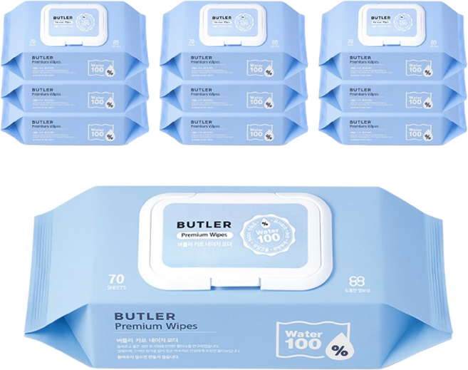 버틀러 카르 프리미엄 정제수100% 아기물티슈 엠보싱 캡형, 10개, 70매, 70g
