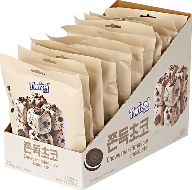 트위젤 쫀득쿠키 마시멜로우 디저트 캔디 간식 쫀득초코 쫀득딸기 80g X 12개입, 쫀득쿠키 초코맛 1set, 12개