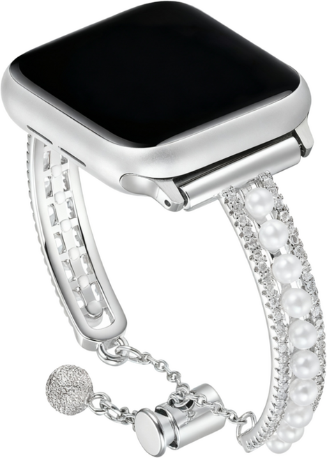 MAPUCE 구리 + 지르콘 팔찌 진주 스타일 시계줄 애플워치 시리즈 Ultra/SE/11/10/9/8/7/6/5/4에 적합, 실버