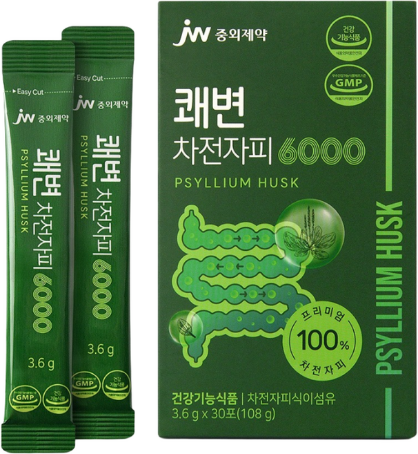 JW중외제약 바로 쾌변 차전자피(100%)환 6000 수용성 식이섬유 영양제 30포 효능, 108g, 1개