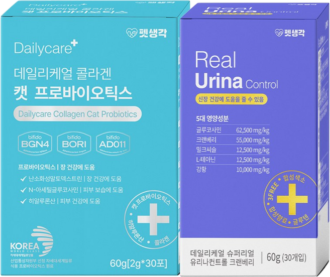 펫생각 고양이 유산균+신장 영양제 세트 장 건강 면역력 피부보습 콜라겐 곰팡이성 피부 요로결석 방광 크랜베리 비뇨 귀리 질환, 1개