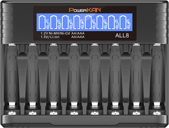POWERKAN AA/AAA 건전지 8구충전기 1.5V 리튬이온 1.2V니켈수소 ALL8 건전지 충전 AA AAA USB-C 과충전방지 LCD표시 파워칸 배터리 충전기, 1개