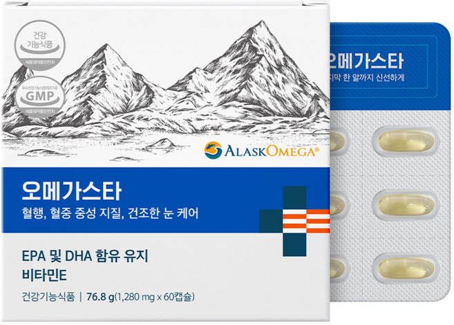 오메가스타 1280mg 순도80% 신선한알래스카 오메가3 비린내 없는 장용성캡슐, 1개, 60정