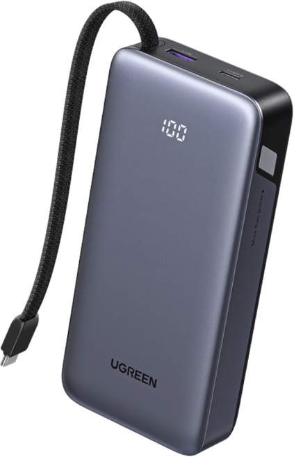 UGREEN 유그린 Nexode 45W 일체형 보조배터리 대용량 20000mAh 보조배터리 양방향 고속 충전 지원 LED 잔량 표시 iPhone 갤럭시 S25 울트라 등 호환, 1개, PB536