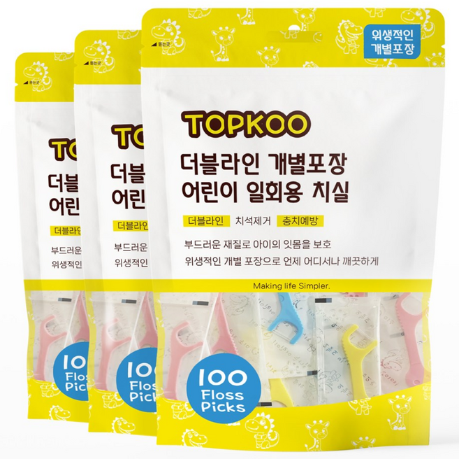 탑쿠 더블라인 개별포장 어린이 일회용 치실, 3개, 100개입
