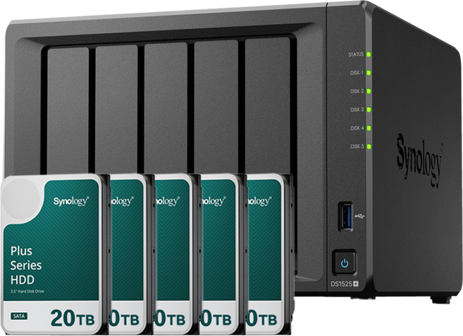 [ 시놀로지 공식총판 ] 시놀로지 나스 DS1525+5베이 [100TB] 20TBx5 HAT3320 NAS HDD 합본