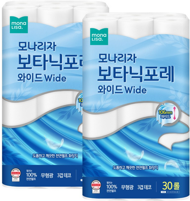 모나리자 보타닉포레 와이드 3겹 천연펄프 화장지, 30m, 30롤, 2개