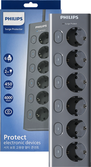 필립스 멀티탭 맥스 서지보호 6구 고용량 개별스위치 과부하차단, 2m, 그레이 CHP6760GA, 1개