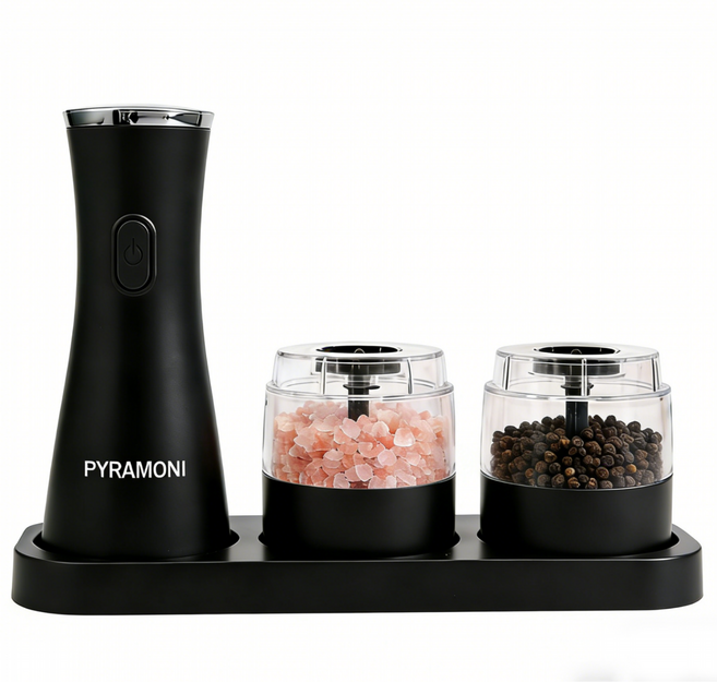 피라모니 무선충전식 전동 소금 후추 그라인더, 1세트, 블랙, 본체+컨테이너2개+받침대