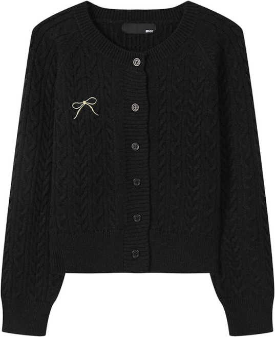 BNX 여성 리본 자수 꽈배기 라운드 가디건